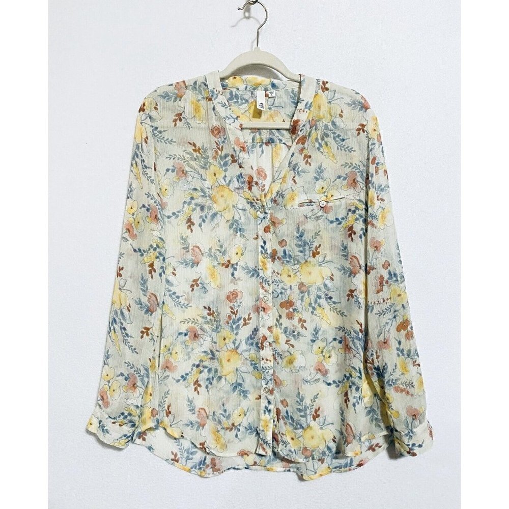 Kut from the Kloth Blouse Womens Large Sheer Ivory Floral Roll Tab Sleeve Boho